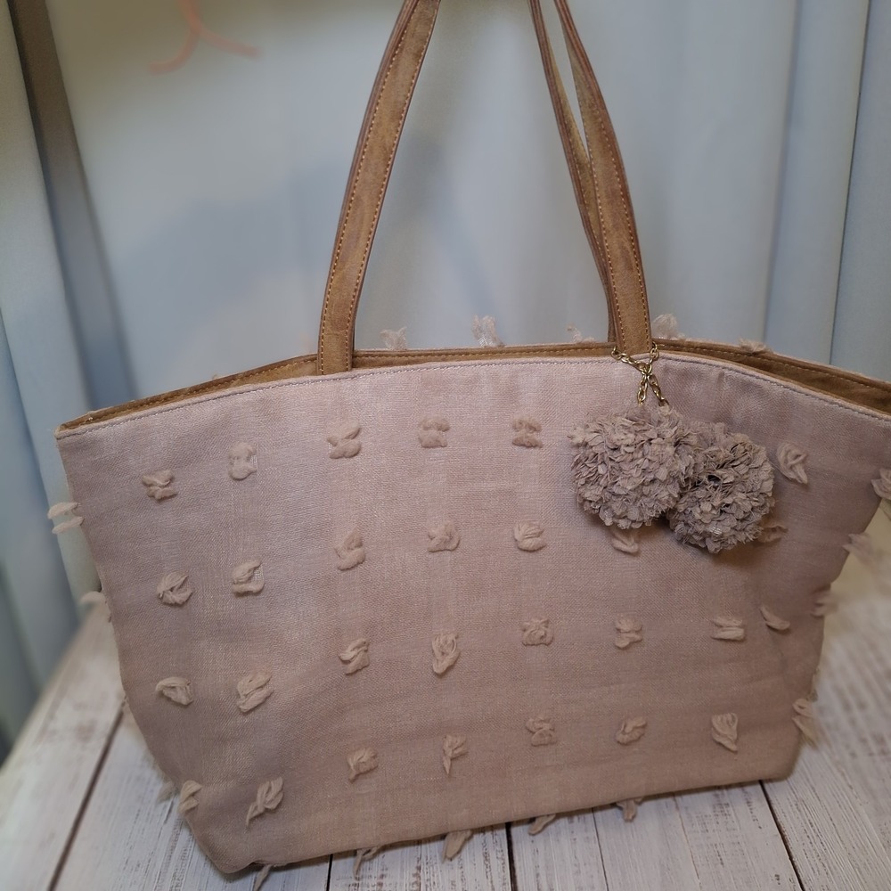Deux Lux Women's Handbag Tote Blush Pink Boho Preppy Chic Pom Pom